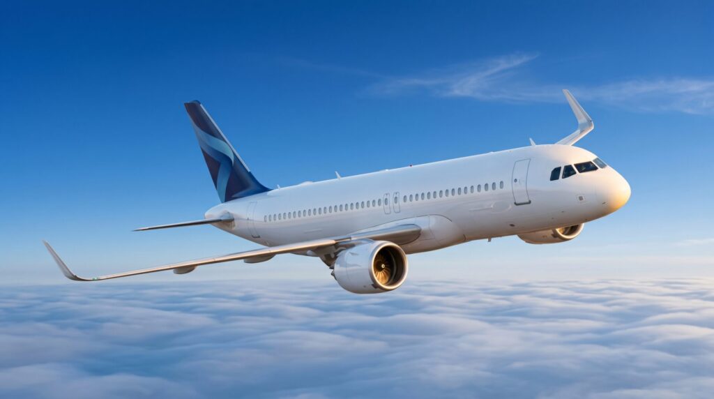 Commercial passenger airplane flying high above the clouds in a clear blue sky, travel and aviation concept. Weiss builds test chambers for aerospace applications.